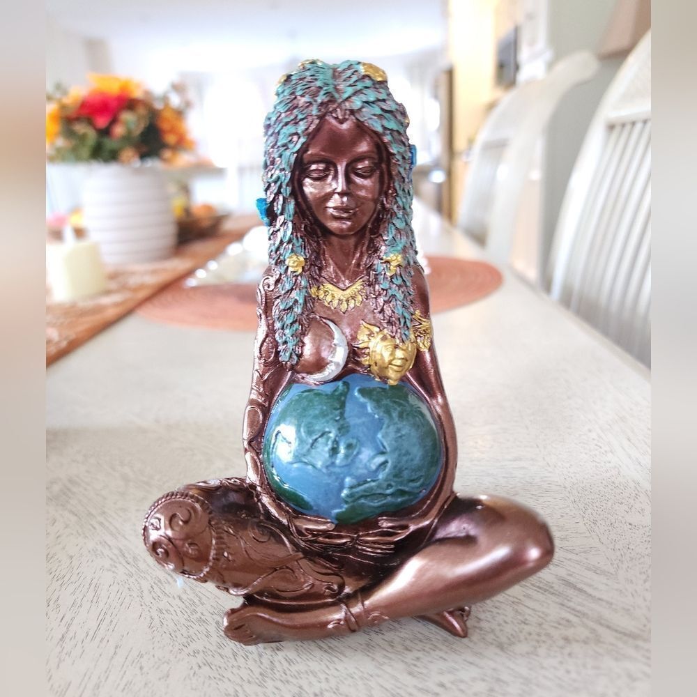 Earth Goddess Bronze Figurine with Blue and Green Globe